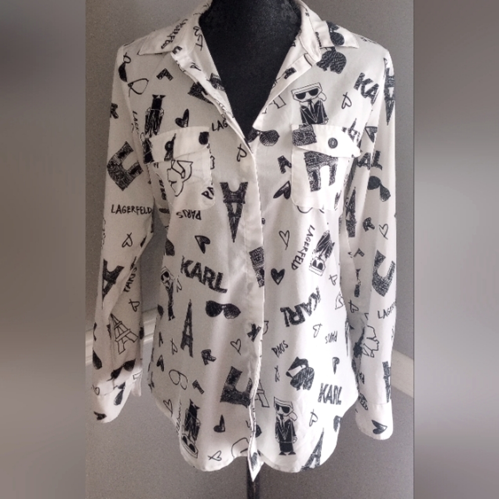 Karl Lagerfeld Paris Sketch Print Button Down L/S Roll Tab Eiffel Tower France